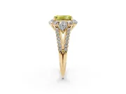 Fancy Yellow Emerald Cut Diamond Halo Split Shank Engagement Ring Set in Yellow gold with Prong-Held Center Stone