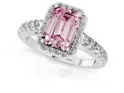 Fancy Pink Emerald Cut Diamond Halo Engagement Ring Set in Platinum with Pavé Band and Prong Setting