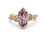Fancy Pink Marquise Cut Diamond Solitaire Leaf-Inspired Ring Set in Yellow gold with Pavé Band and Prong Setting