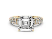 Asscher Cut Multi Row Pave Solitaire Engagement Ring Setting | Domed Shoulders | Yellow Gold