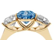 Cushion Cut Three Stone Engagement Ring Setting for a Fancy Blue Lab-Grown Diamond | Basket Prong Heads | Yellow Gold