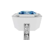 Fancy Blue Asscher Cut Diamond Halo Ring Set in Platinum with Pavé Band and Milgrain-Edged Prongs