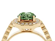 Fancy Green Oval Cut Diamond Milgrain Halo Solitaire Ring Set in Yellow gold with Bezel Set Side Stones and Pavé Band
