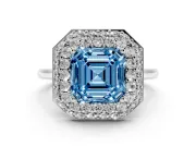 Fancy Blue Asscher Cut Diamond Halo Engagement Ring Set in White gold with Solitaire Band and Prong Setting