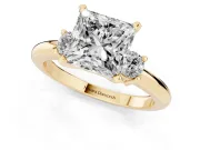 Three-Stone Princess Cut Diamond Ring Set in Yellow gold with Prong Setting and Plain Band