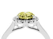 Fancy Yellow Oval Cut Halo Round Diamond Solitaire Ring Set in White gold with Pavé Band and Prong Setting
