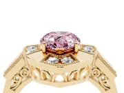 Fancy Pink Pear Cut Diamond Milgrain Halo Ring Set in Yellow gold with Split Shank
