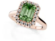 Fancy Green Emerald Cut Halo Round Diamond Solitaire Ring Set in Rose gold with Pavé Band and Prong Setting