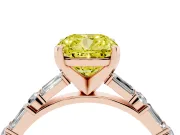 Fancy Yellow Cushion Cut Diamond Solitaire Set in Rose gold with Side Baguettes and Channel Set Band