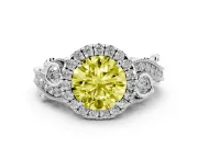 Fancy Yellow Round Cut Diamond Halo Ring Set in White gold with Milgrain Pavé Band and Prong Setting