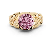 Fancy Pink Round Cut Diamond Leaf-Inspired Engagement Ring Set in Yellow gold with Round Accents