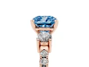 Fancy Blue Three-Stone Cushion Cut Diamond Pavé Band Ring Set in Rose gold with Prong Setting