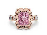 Fancy Pink Radiant Cut Diamond Floral Halo Ring Set in Rose gold with Shared Prong Band
