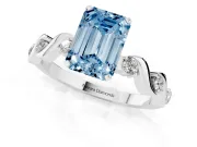 Fancy Blue Emerald Cut Diamond Solitaire Ring Set in Silver with Ribbon Twist Band, Round Accents and Prong Setting