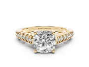 Cushion Cut Graduated Pave Cathedral Engagement Ring Setting | Scroll Cut-Outs | Yellow Gold