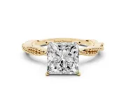 Princess Cut Diamond Solitaire Ring Set in Yellow gold with Twisted Band and Bead Prong Setting