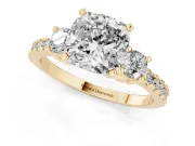 Three-Stone Cushion Cut Diamond Pavé Band Ring Set in Yellow gold with Prong Setting