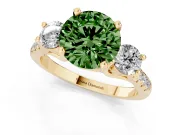 Fancy Green Three-Stone Round Cut Diamond Pavé Band Ring Set in Yellow gold with Prong-Set Trio