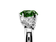 Fancy Green Heart Cut Diamond Three-Stone Ring Set in Platinum with Bold Center and Classic Band