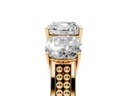 Cushion Cut Three Stone Engagement Ring Setting | Beaded Shoulders | Yellow Gold