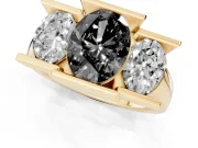 Fancy Black Oval Cut Diamond Three-Stone Channel Set Ring Set in Yellow gold with Smooth Polished Band