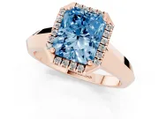 Fancy Blue Radiant Cut Diamond Halo Ring Set in Rose gold with Cathedral Band and Prong Setting