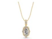 Oval Lab-Grown Diamond Art Deco Halo Pendant Necklace | Scalloped Frame | Yellow Gold