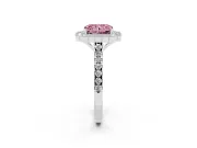 Fancy Pink Radiant Cut Diamond Milgrain Floral Halo Engagement Ring Set in White gold with Pavé Band