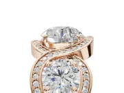 Round Three Stone Halo Engagement Ring Setting | Pavé Wave Band | Rose Gold