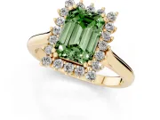 Fancy Green Emerald Cut Diamond Halo Ring Set in Yellow gold with Plain Solitaire Band and Prong Setting