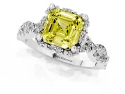 Fancy Yellow Asscher Cut Diamond Halo Twist Band Solitaire Ring Set in White gold with Prong-Set Center Stone