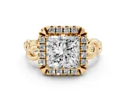 Princess Cut Diamond Halo Ring Set in Yellow gold with Scrollwork Band and Prong Setting