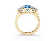 Cushion Cut Three Stone Engagement Ring Setting for a Fancy Blue Lab-Grown Diamond | Basket Prong Heads | Yellow Gold