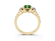 Fancy Green Cushion Cut Diamond Three-Stone Ring Set in Yellow gold with Round Side Stones and Delicate Pavé Band