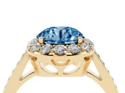 Fancy Blue Round Cut Diamond Floral Halo Ring Set in Yellow gold with Pavé Band and Prong Setting
