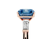 Fancy Blue Asscher Cut Diamond Solitaire Ring Set in Rose gold with Tapered Baguette Side Stones and Prong Setting