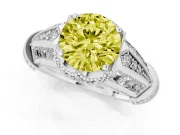 Fancy Yellow Round Cut Diamond Vintage-Inspired Milgrain Ring Set in White gold with Accent Split Shank