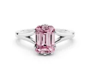 Fancy Pink Emerald Cut Diamond Solitaire Ring Set in Silver with Polished Tapered Band and Prong Setting