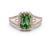 Fancy Green Emerald Cut Diamond Halo Split Shank Pavé Ring Set in Rose gold with Prong Setting