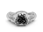 Fancy Black Heart Cut Diamond Vintage-Inspired Milgrain Ring Set in White gold with Accent Split Shank