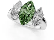 Fancy Green Three-Stone Marquise Cut Diamond Ring Set in Platinum with Matching Prong Settings and Plain Band