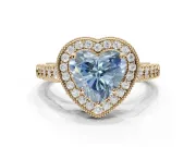 Fancy Blue Heart-Shaped Lab-Grown Diamond Milgrain Halo Solitaire Ring Set in Yellow Gold with Bezel Set Side Stones and Pavé Band