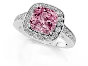 Fancy Pink Cushion Cut Diamond Halo Pavé Engagement Ring Set in Platinum with Bezel Setting