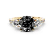 Fancy Black Round Cut Diamond Three-Stone Ring Set in Yellow gold with Pavé Band and Graduated Sides