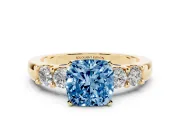Fancy Blue Cushion Cut Diamond Five-Stone Prong Set Engagement Ring Set in Yellow gold with Channel Band
