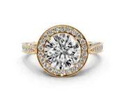 Round Vintage Milgrain Halo Engagement Ring Setting | Side Stones and Pave | Yellow Gold