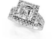 Asscher Cut Halo Split Shank Engagement Ring Setting | Round Side Stones | White Gold