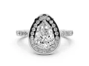 Pear Cut Diamond Halo Ring Set in White gold with Bezel Frame and Pavé Band