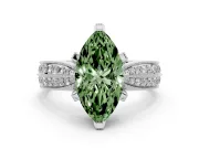 Fancy Green Marquise Cut Diamond Solitaire Ring Set in White gold with Milgrain Double Row Round Pavé Band