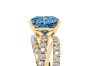 Fancy Blue Radiant Cut Diamond Solitaire Twist Band Ring Set in Yellow gold with Pavé Setting and Prong Head